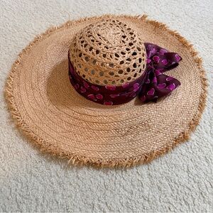 Gucci Tan Straw Hat with Purple Heart Ribbon Size M